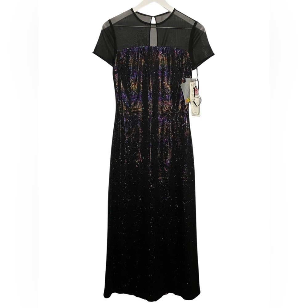 VTG Metallic Black Rainbow Tinsel Maxi Dress 4 Sheer Whimsigoth Vampire Y2K NEW